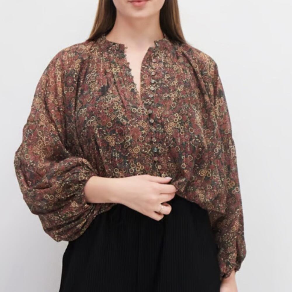 Kourtney Jenny Round Neck Short Sleeve Floral Print Blouse, Red/Yellow Combo